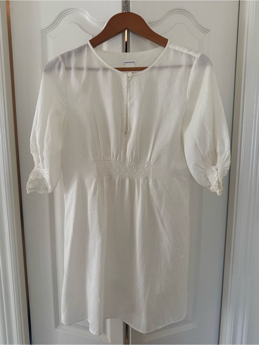 White Silk Blend Smocked Waist Dress